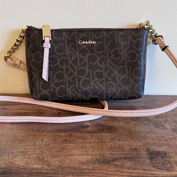 Calvin Klein Hayden Baguette Bag Purse Almond/Khaki Monogram Women's Small 8x5" - Picture 1 of 8